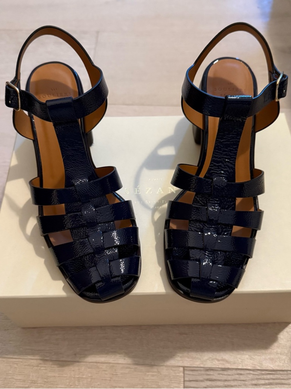 ✨NEW✨ Sezane Florie Navy Blue Patent Caged Strap Sandals Block Heels